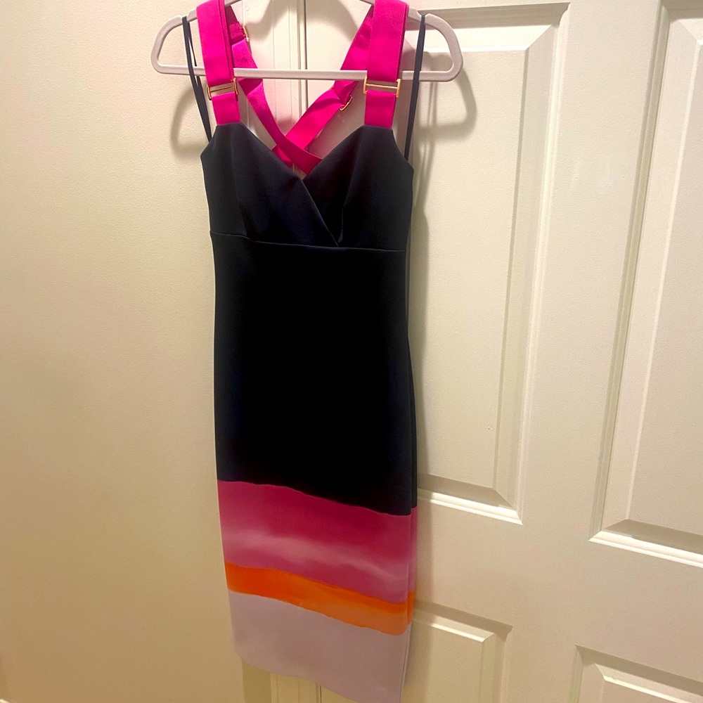 Ted Baker London Navy Blue with Pink highlights Midi Dress